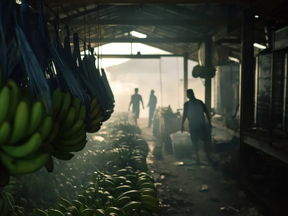 Interior de una empacadora de banano con racimos embolsados colgando del cable y luz entre la neblina.